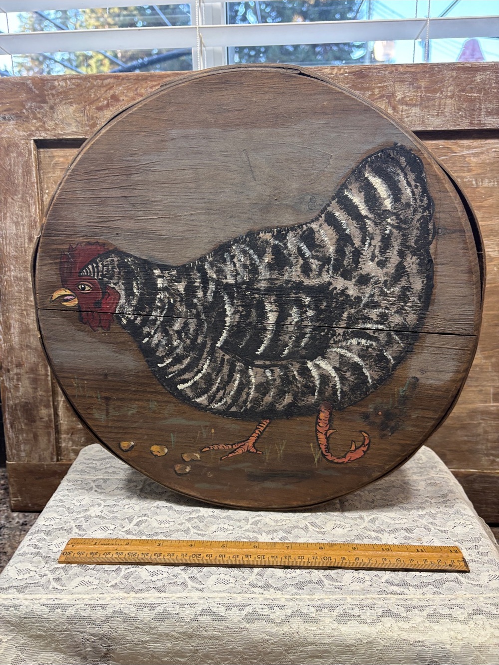 Hand-Painted Black & White Hen Wall Art - vintage Cheese Box